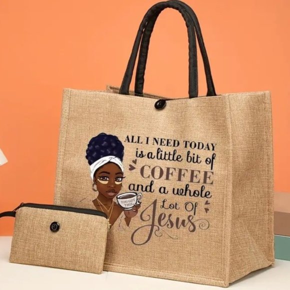 Passion of Essence Handbags - 2pcs Elegant Lady All I Need Today Bag Burlap Tote Bag Set With Mini Coin Purse